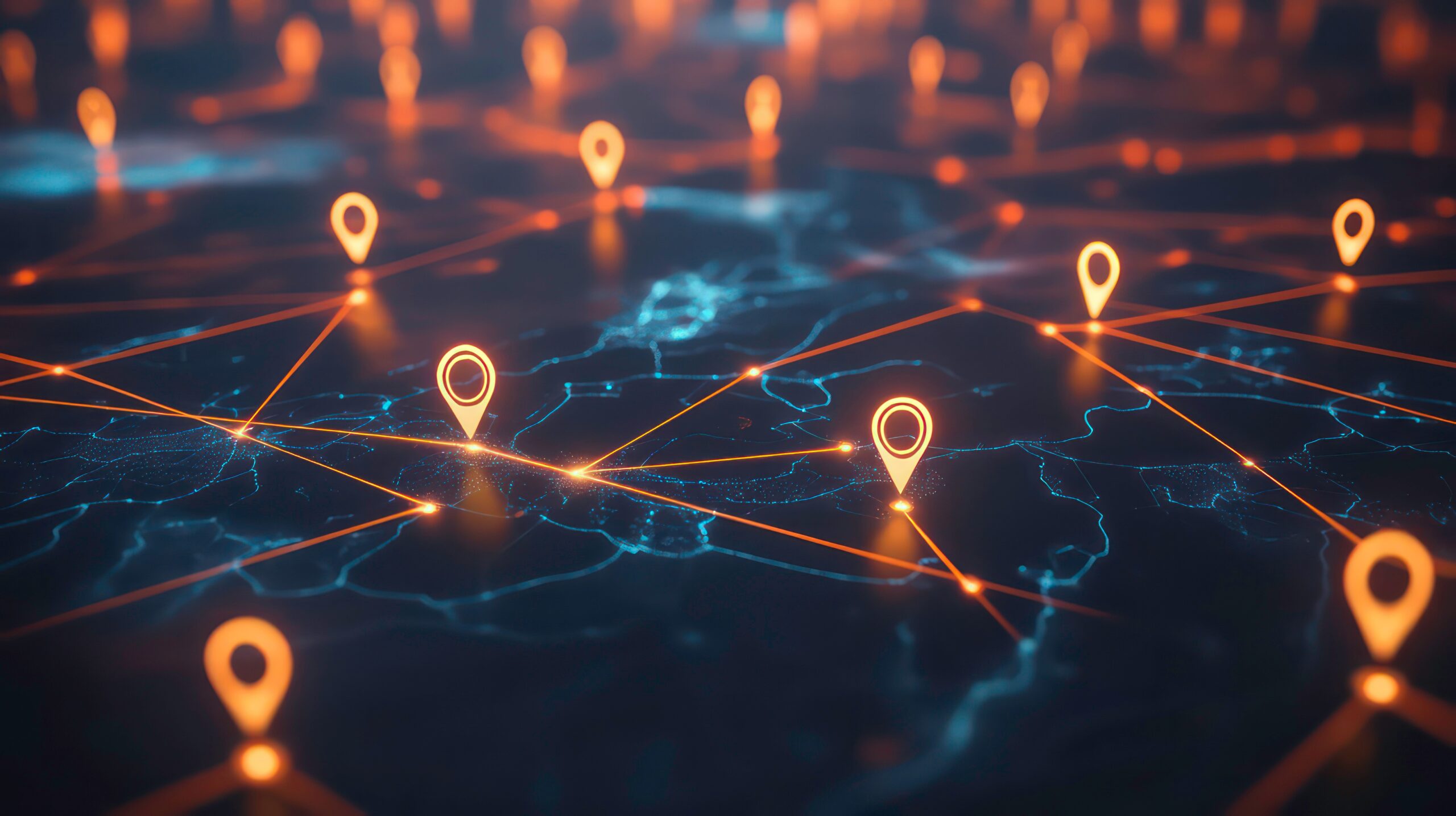 Network map showing connection points across geographic regions
